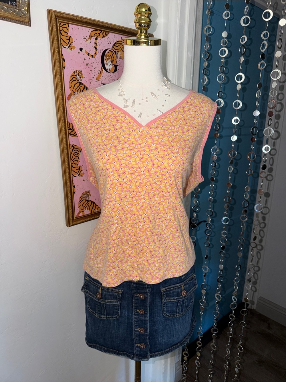 Vintage Y2K Women's Pink and Yellow Floral Tank Top